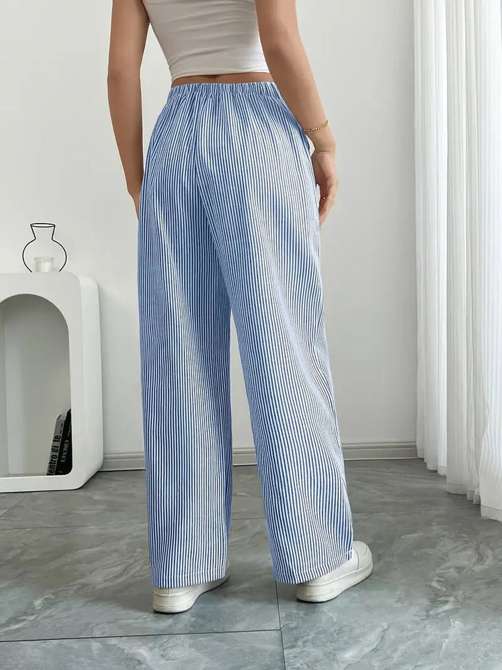 Linen Wide Leg Striped Pants Drawstring Waist Pockets