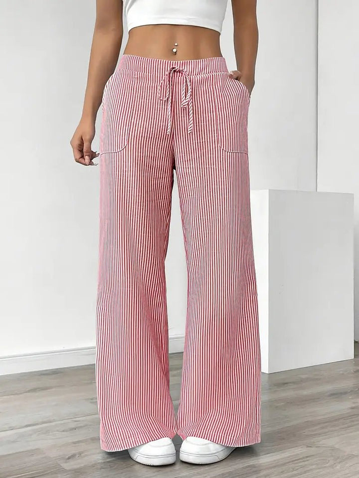 Linen Wide Leg Striped Pants Drawstring Waist Pockets - Pink