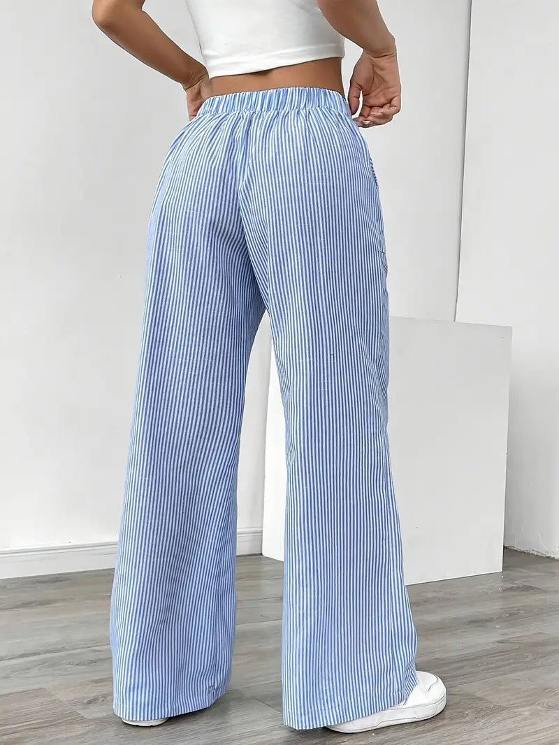 Linen Wide Leg Striped Pants Drawstring Waist Pockets