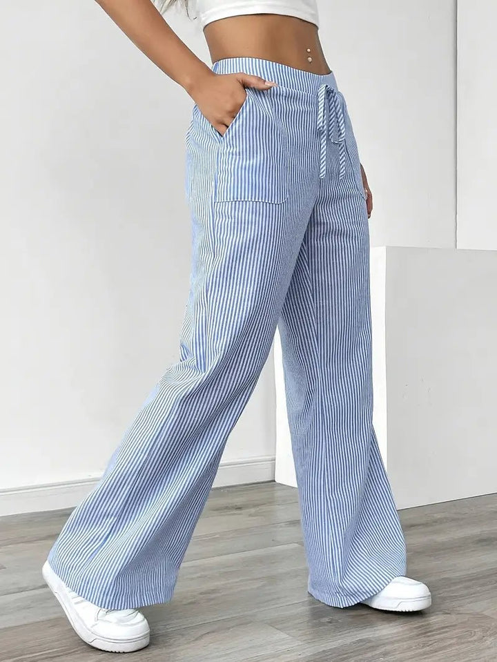 Linen Wide Leg Striped Pants Drawstring Waist Pockets