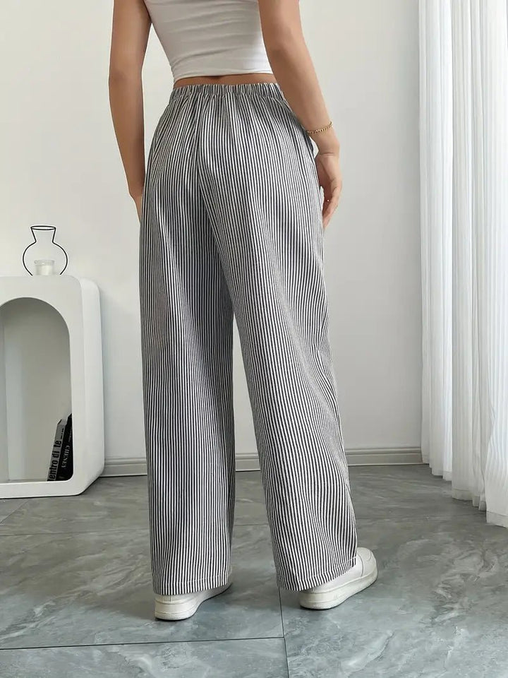 Linen Wide Leg Striped Pants Drawstring Waist Pockets