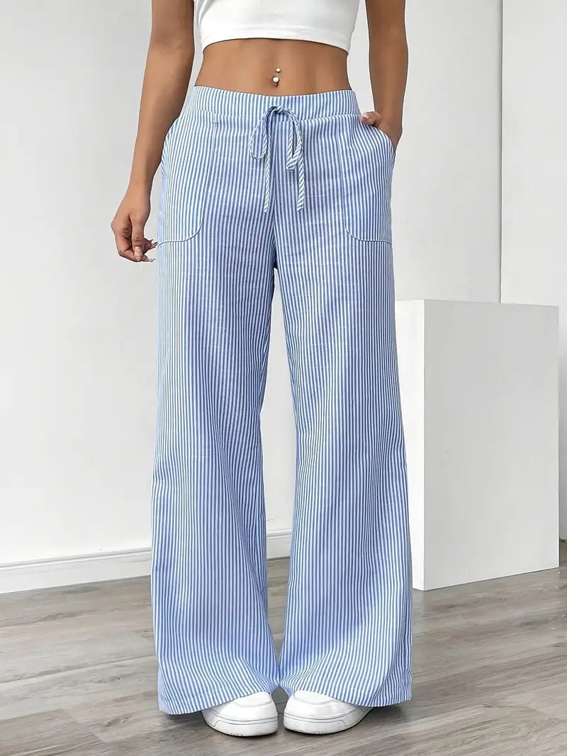 Linen Wide Leg Striped Pants Drawstring Waist Pockets - Blue