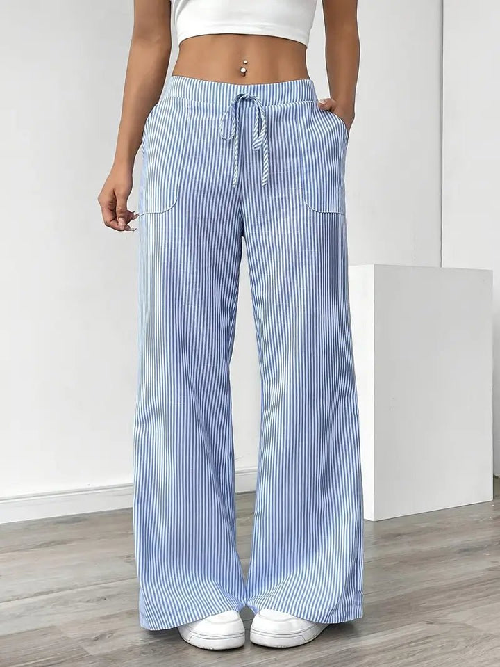 Linen Wide Leg Striped Pants Drawstring Waist Pockets - Blue