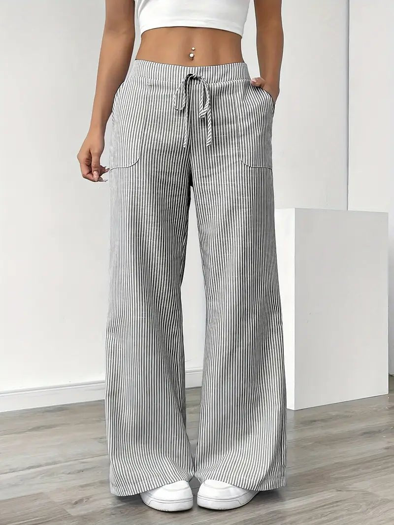 Linen Wide Leg Striped Pants Drawstring Waist Pockets - Grey