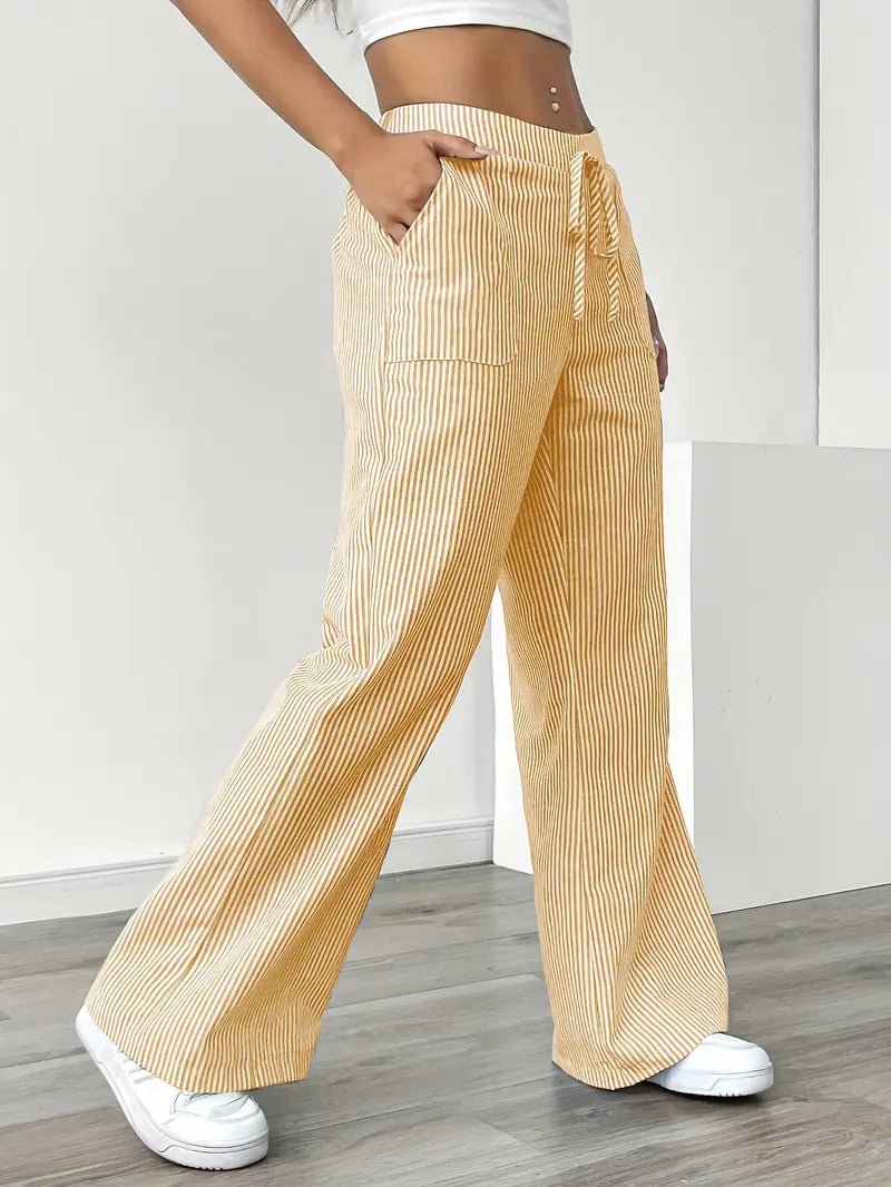 Linen Wide Leg Striped Pants Drawstring Waist Pockets