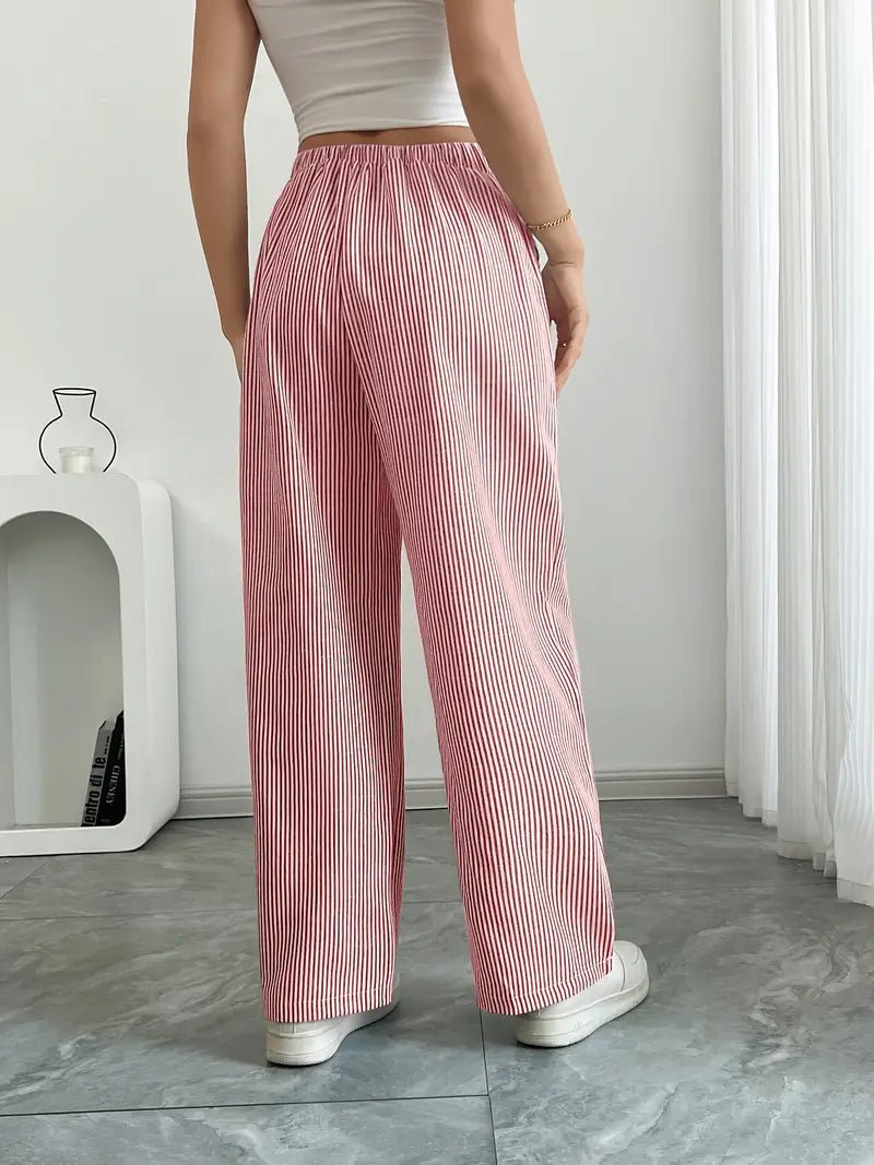 Linen Wide Leg Striped Pants Drawstring Waist Pockets