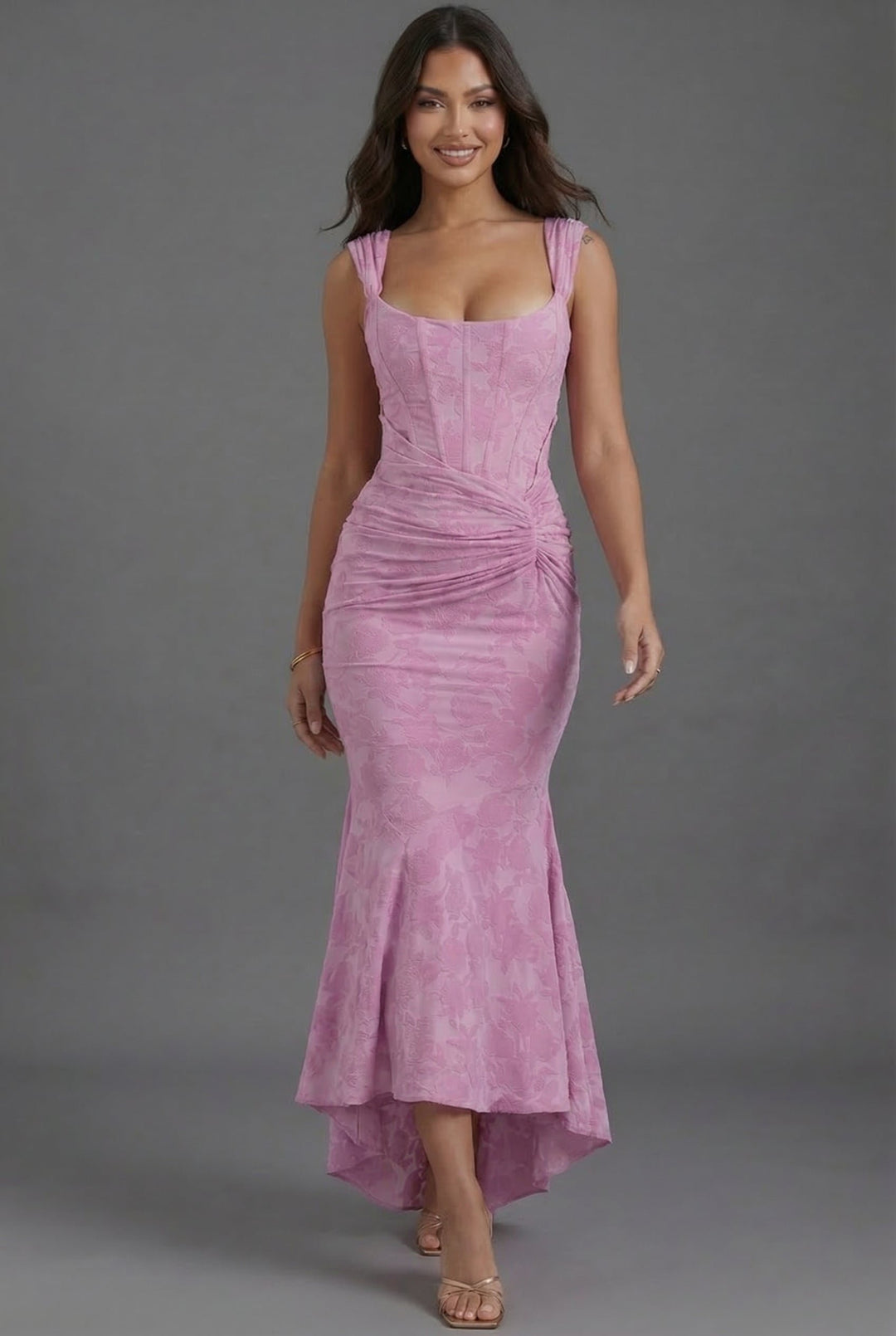 Maxi Dress Corset Bodice Ruched Waist Fishtail Hem