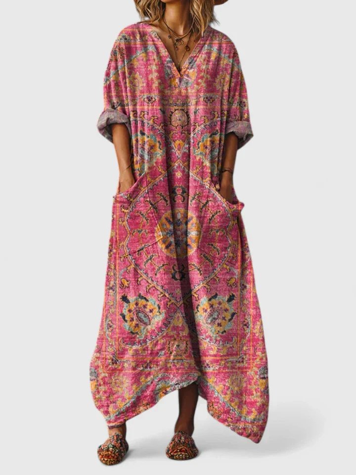 Maxi Dress Cotton Boho Paisley Print Oversized Pockets - Dark Pink