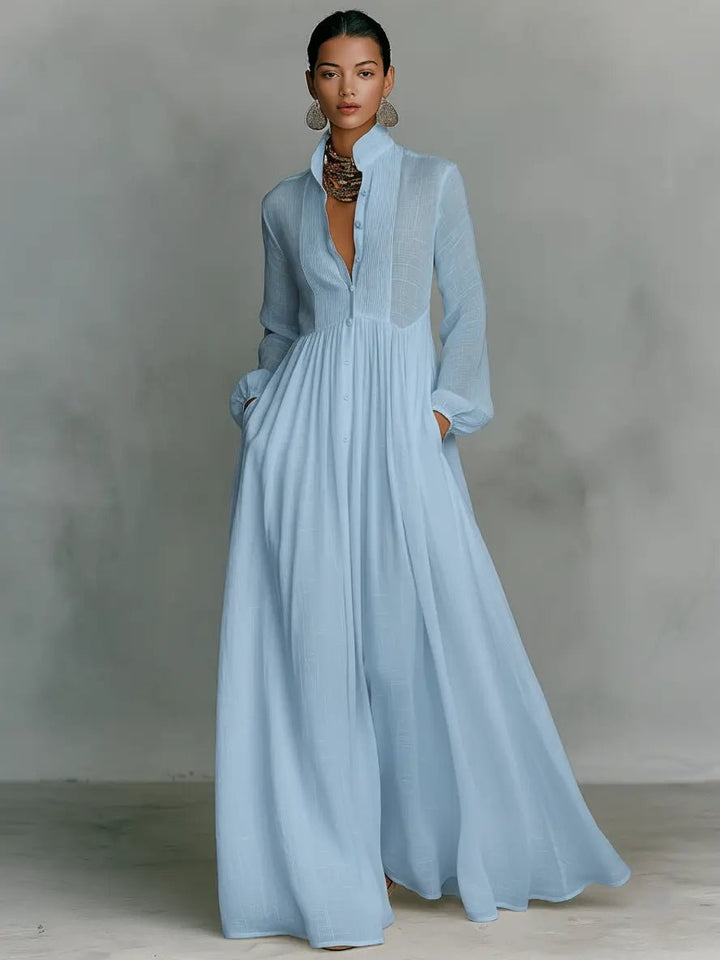 Maxi Dress Cotton Linen Blend Stand Collar Button Front - Blue