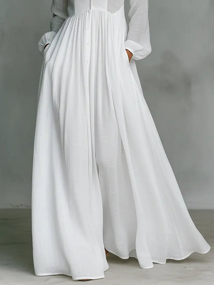 Maxi Dress Cotton Linen Blend Stand Collar Button Front