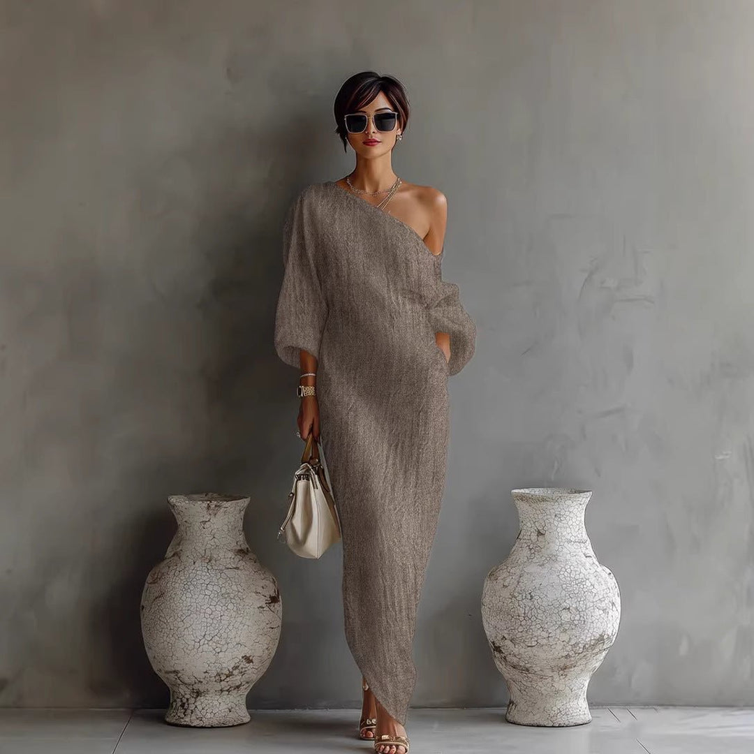 Maxi Dress Off Shoulder Lantern Sleeve Linen Blend Loose - Gray