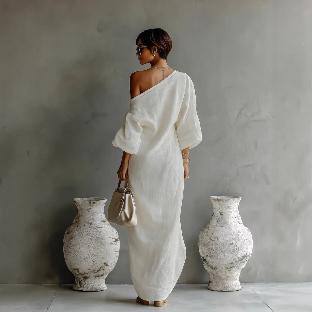 Maxi Dress Off Shoulder Lantern Sleeve Linen Blend Loose