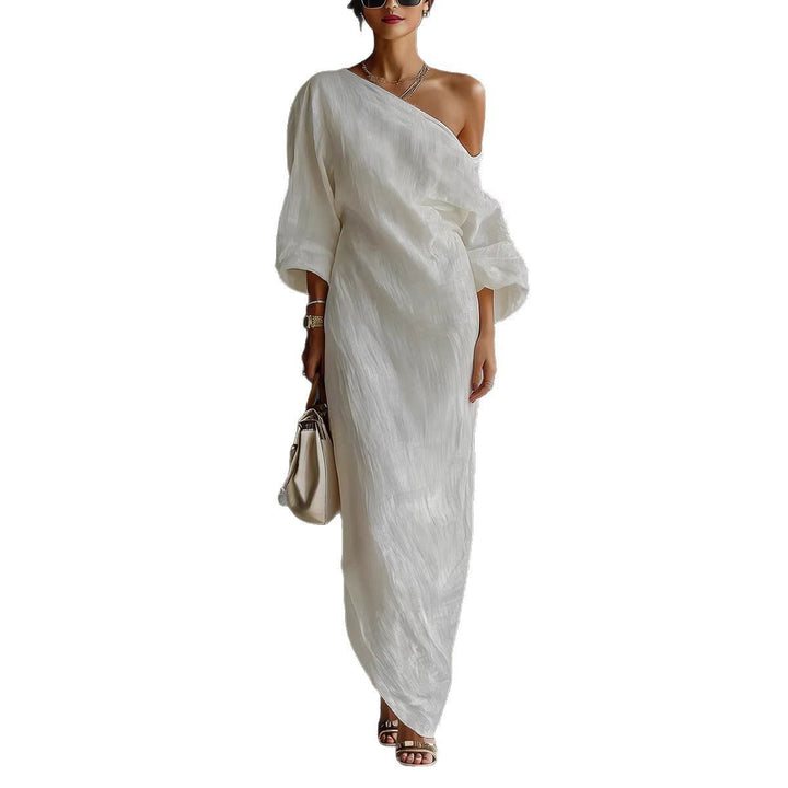 Maxi Dress Off Shoulder Lantern Sleeve Linen Blend Loose
