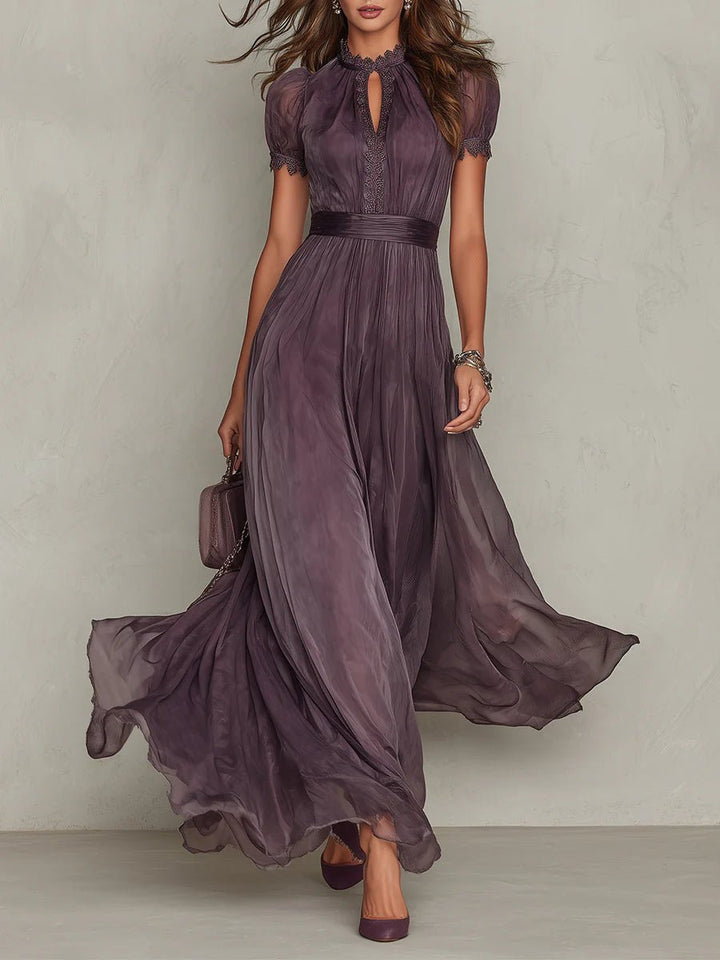 Maxi Dress Short Sleeve Keyhole Neckline Puff Sleeve - Purple