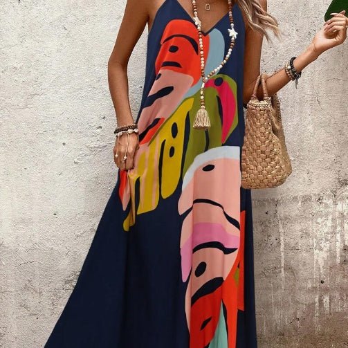 Maxi Dress Tropical Leaf Print V-Neck Sleeveless - Navy Blue
