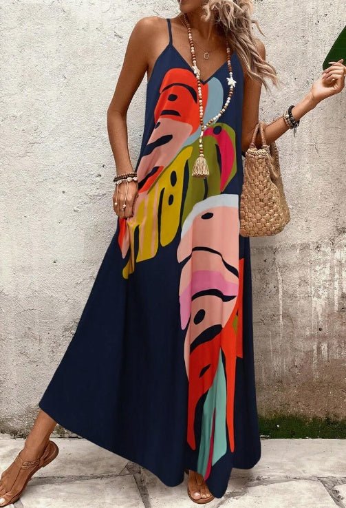 Maxi Dress Tropical Leaf Print V-Neck Sleeveless