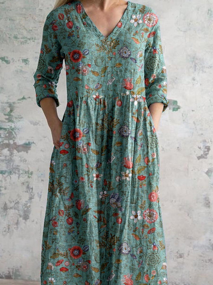 Maxi Dress V-Neck Cotton Bohemian Three Quarter Sleeve Pockets