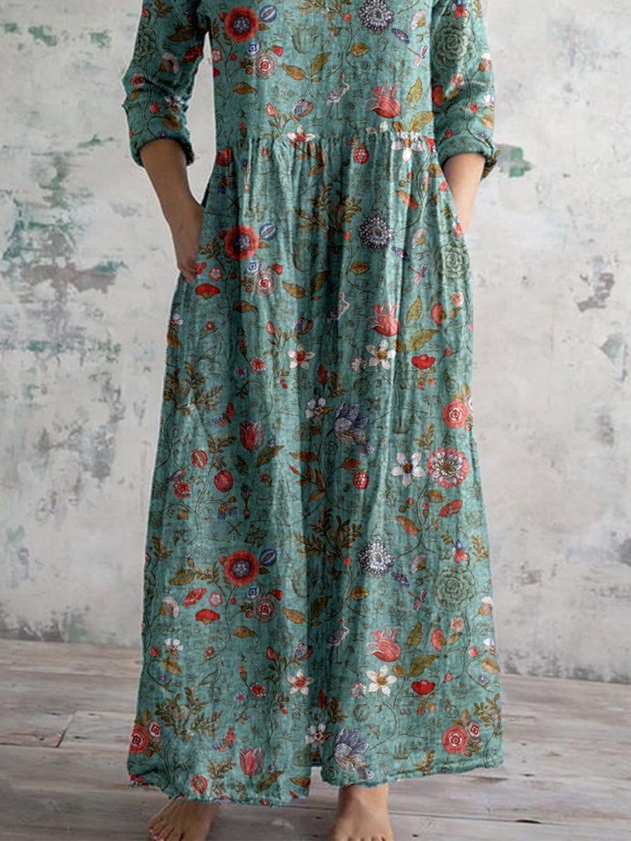 Maxi Dress V-Neck Cotton Bohemian Three Quarter Sleeve Pockets