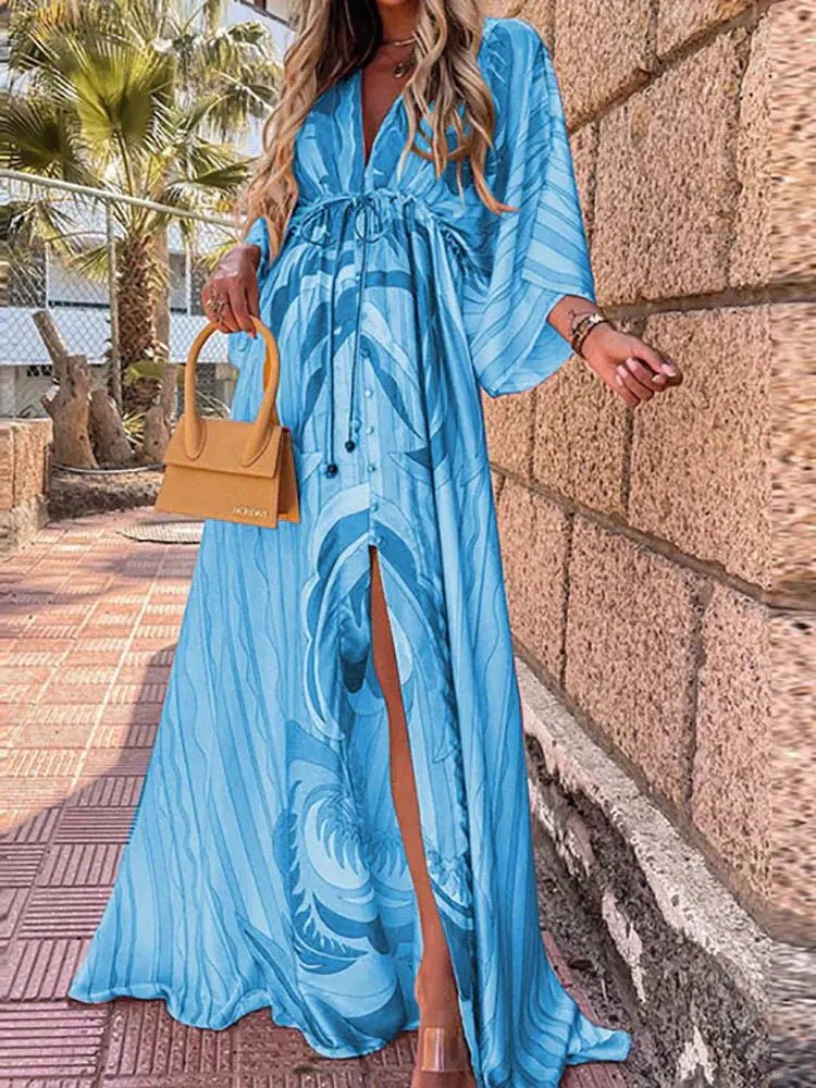 Maxi Dress V-Neck Kimono Sleeve Abstract Print Split - Blue