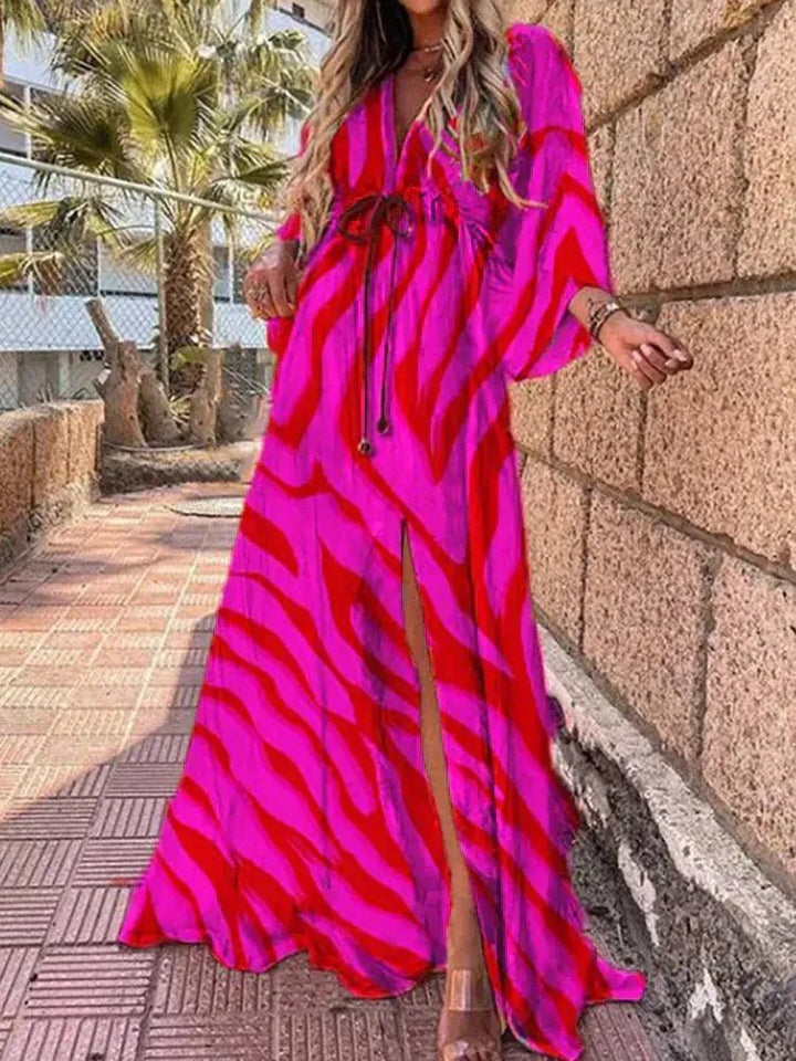 Maxi Dress V-Neck Kimono Sleeve Abstract Print Split - Rose Red