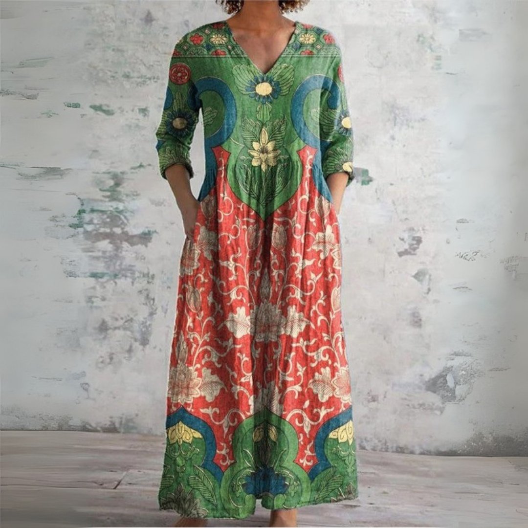 Maxi Dress V-Neck Linen Boho Floral Ethnic Long Sleeve