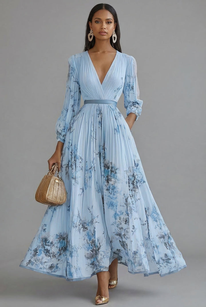Maxi Dress V-Neck Long Sleeve Pleated Floral Print - Blue