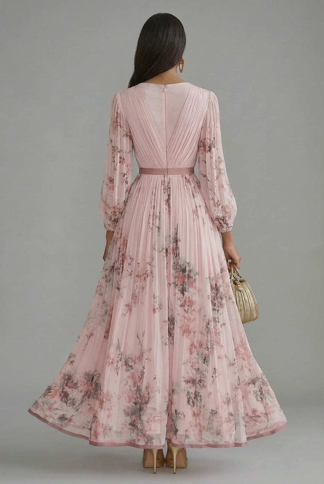 Maxi Dress V-Neck Long Sleeve Pleated Floral Print