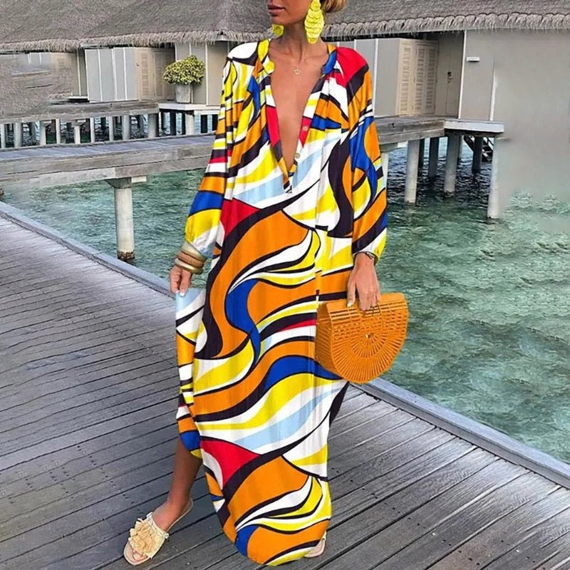 Maxi Kaftan Dress Abstract Print V-Neck Cover Up