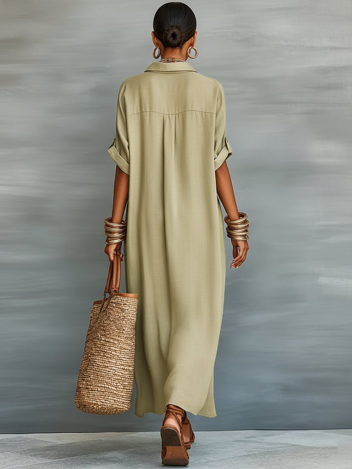 Maxi Shirt Dress Linen Blend Short Sleeve Minimalist