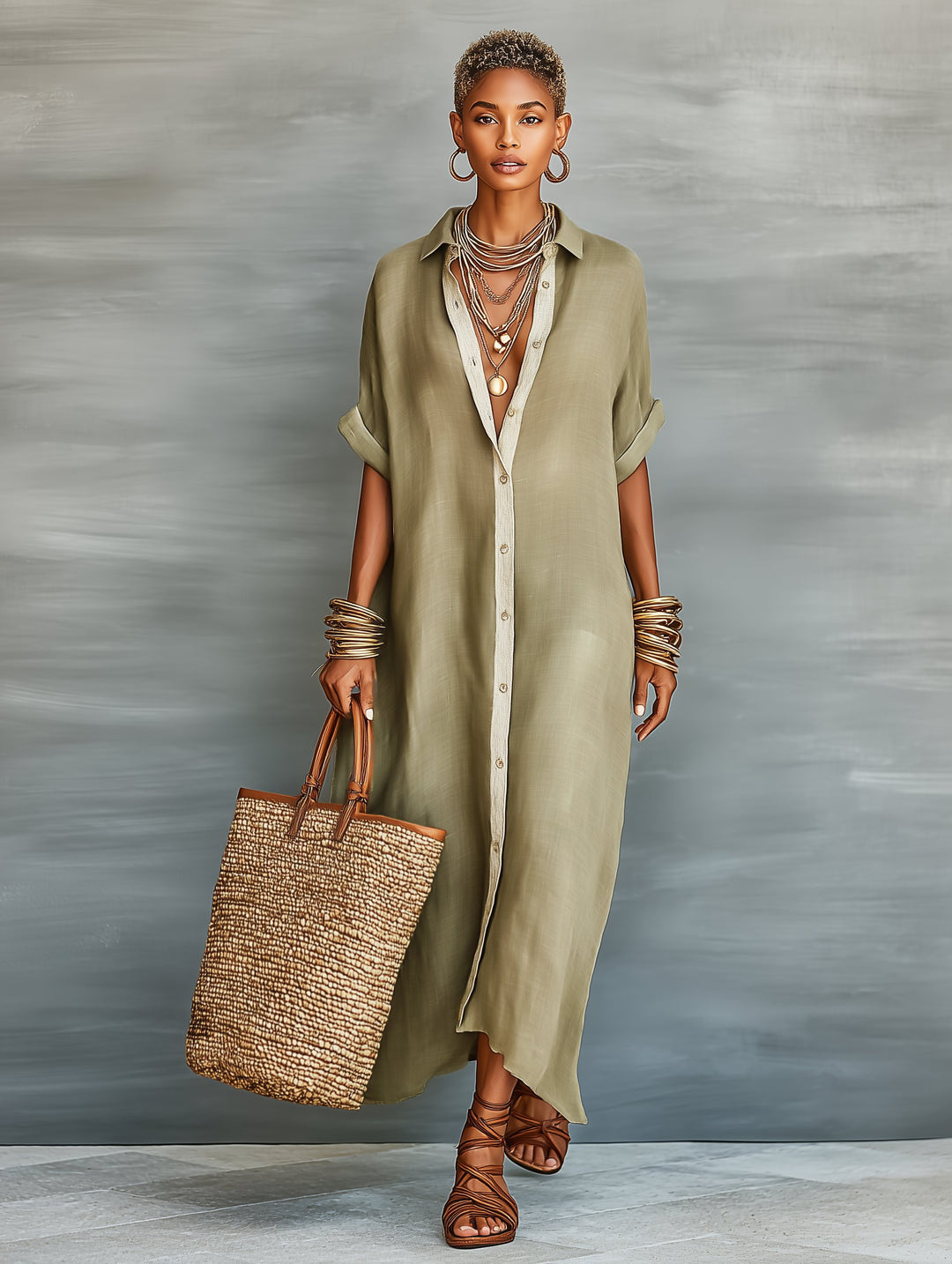 Maxi Shirt Dress Linen Blend Short Sleeve Minimalist