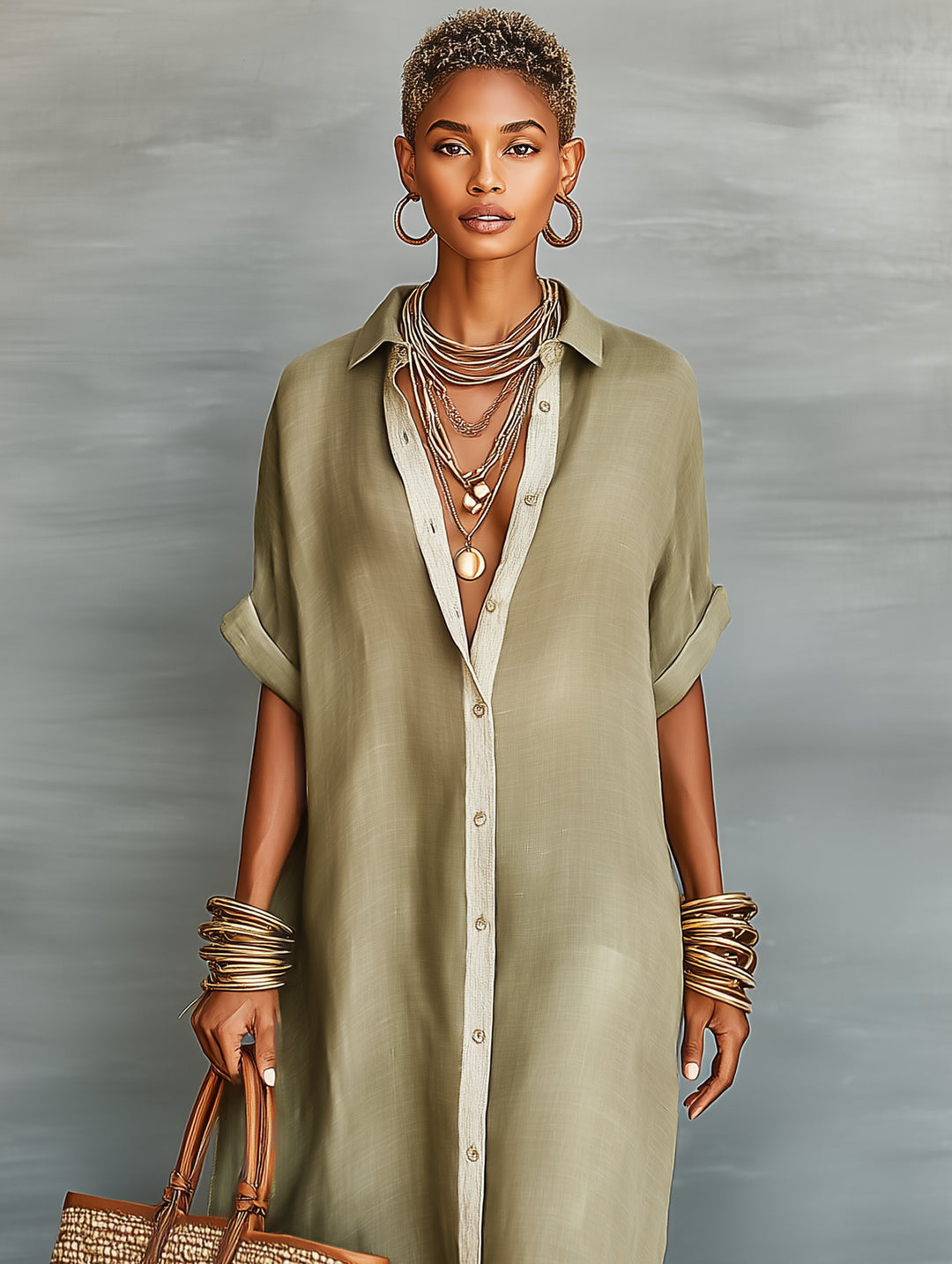 Maxi Shirt Dress Linen Blend Short Sleeve Minimalist