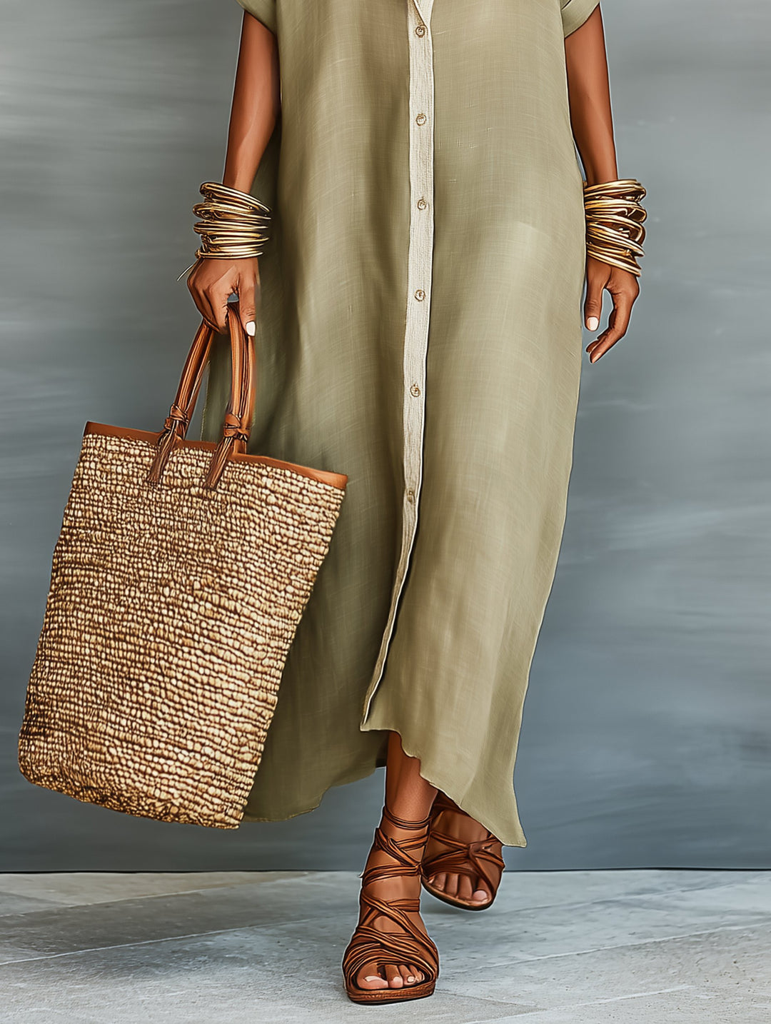 Maxi Shirt Dress Linen Blend Short Sleeve Minimalist