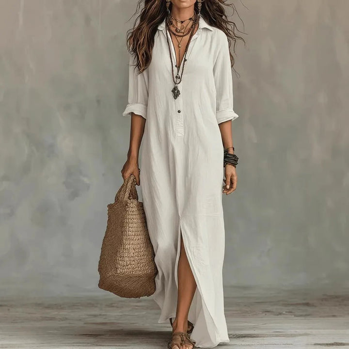 Maxi Shirt Dress Three Quarter Sleeves Linen Cotton Loose - White