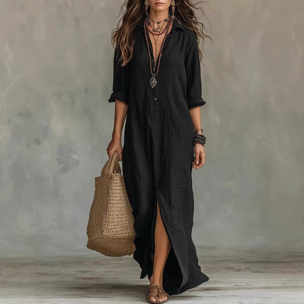 Maxi Shirt Dress Three Quarter Sleeves Linen Cotton Loose - Black