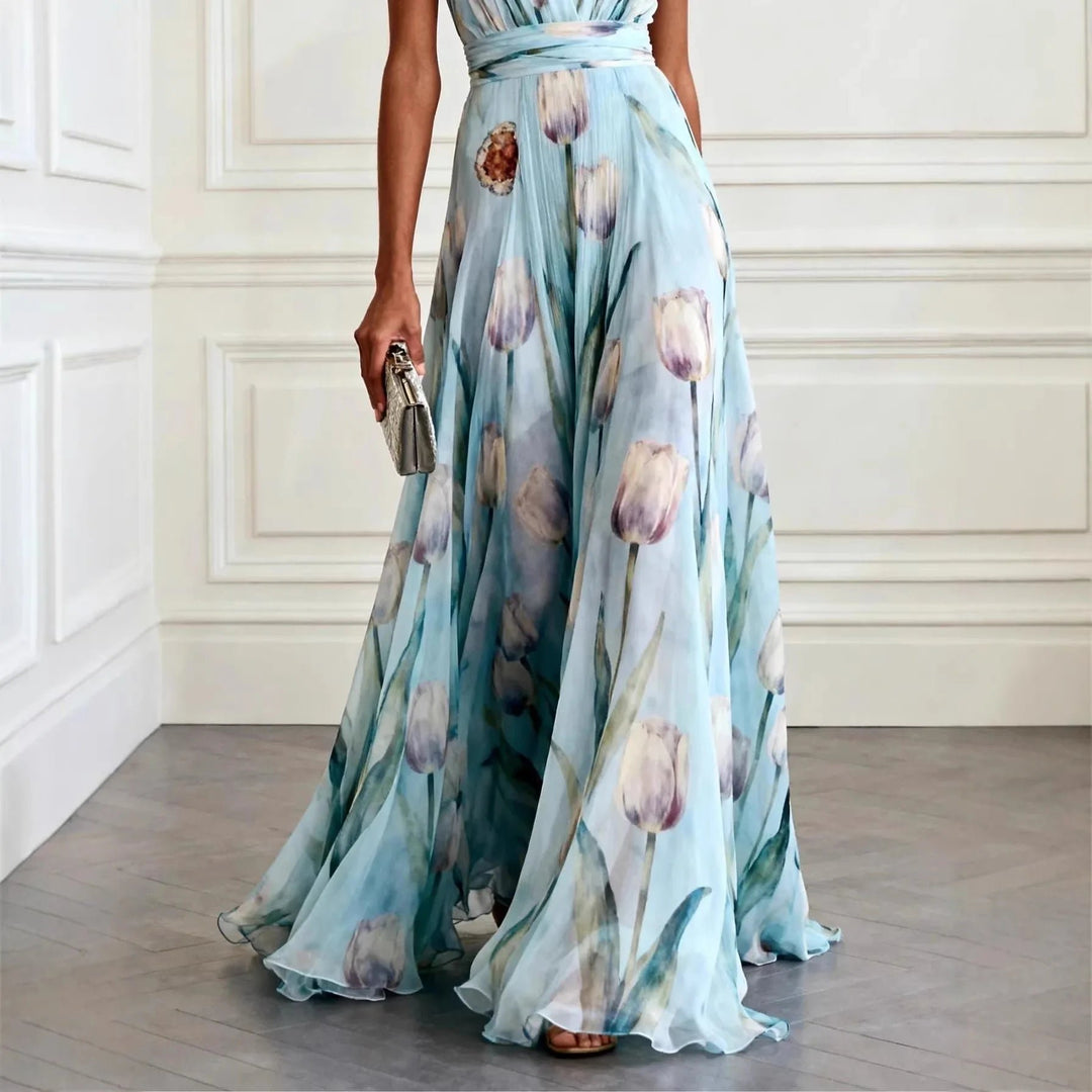 Maxi Wrap Dress Deep V-Neck Chiffon Sleeveless Floor Length
