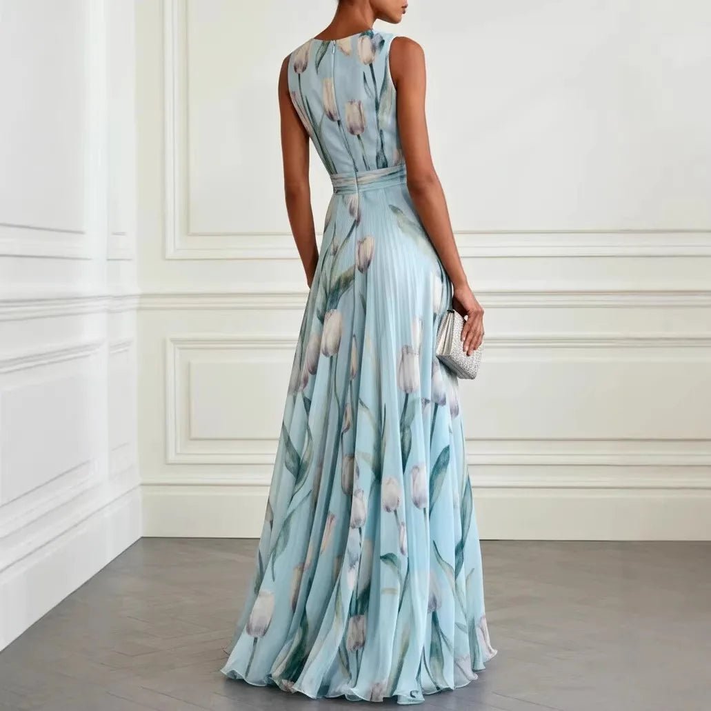 Maxi Wrap Dress Deep V-Neck Chiffon Sleeveless Floor Length