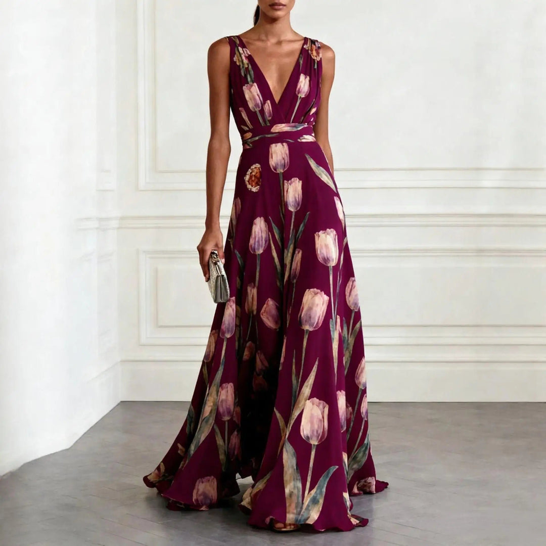 Maxi Wrap Dress Deep V-Neck Chiffon Sleeveless Floor Length - Burgundy