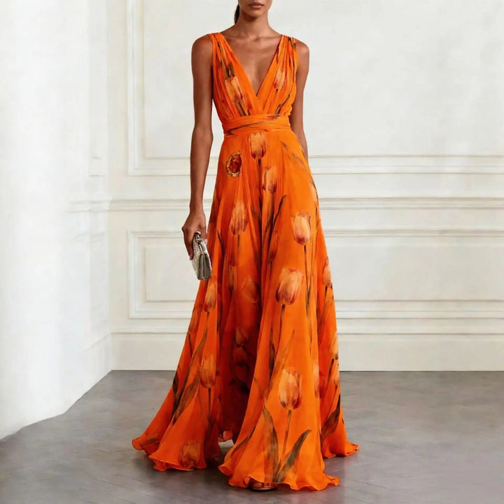 Maxi Wrap Dress Deep V-Neck Chiffon Sleeveless Floor Length - Orange
