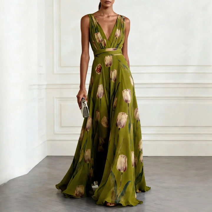 Maxi Wrap Dress Deep V-Neck Chiffon Sleeveless Floor Length - Green