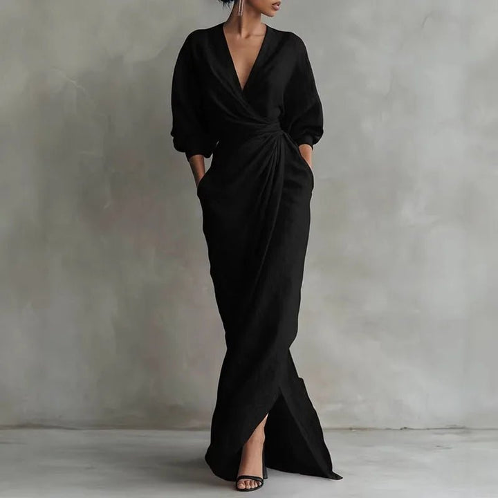 Maxi Wrap Dress Deep V-Neck Long Sleeve Bodycon - Black