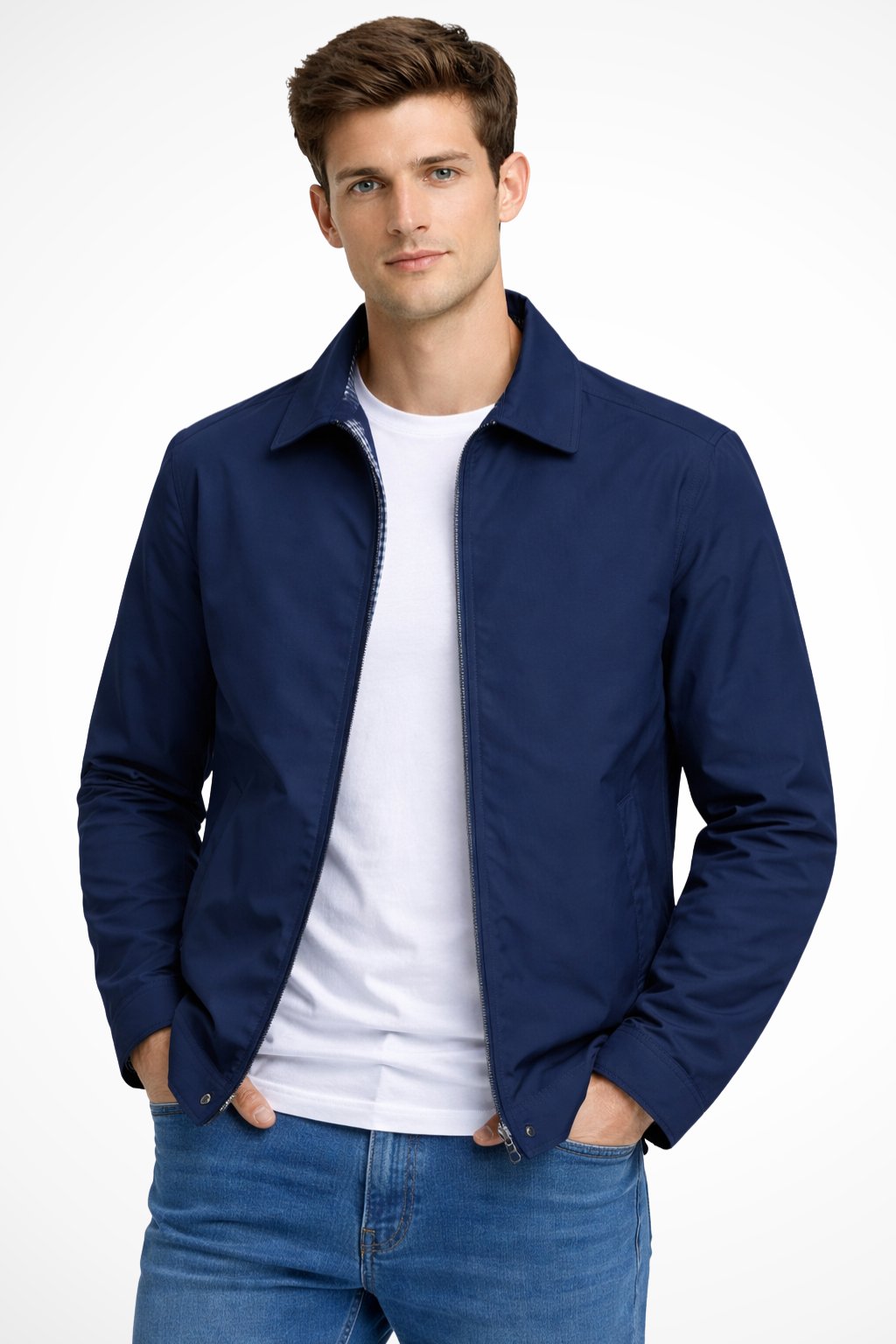 Men's Harrington Jacket Zip Front Check Lining - Blue