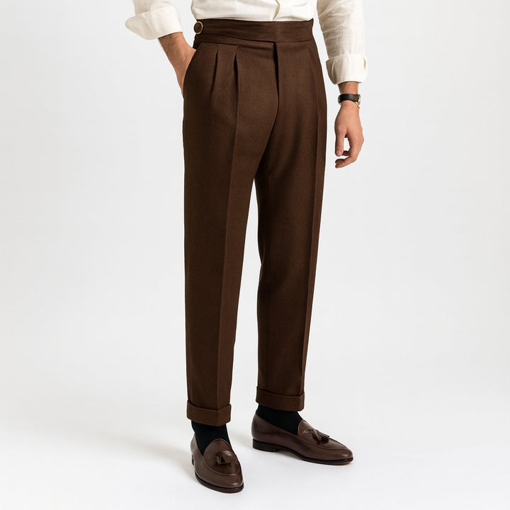 Men's High-Waisted Pleated Drawstring Straight-Leg Pants - Coffee