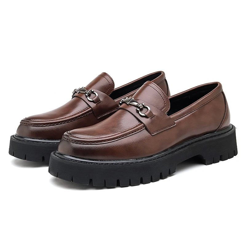 Men's Leather Loafers Business Dress Shoes Platform Sole - Brown