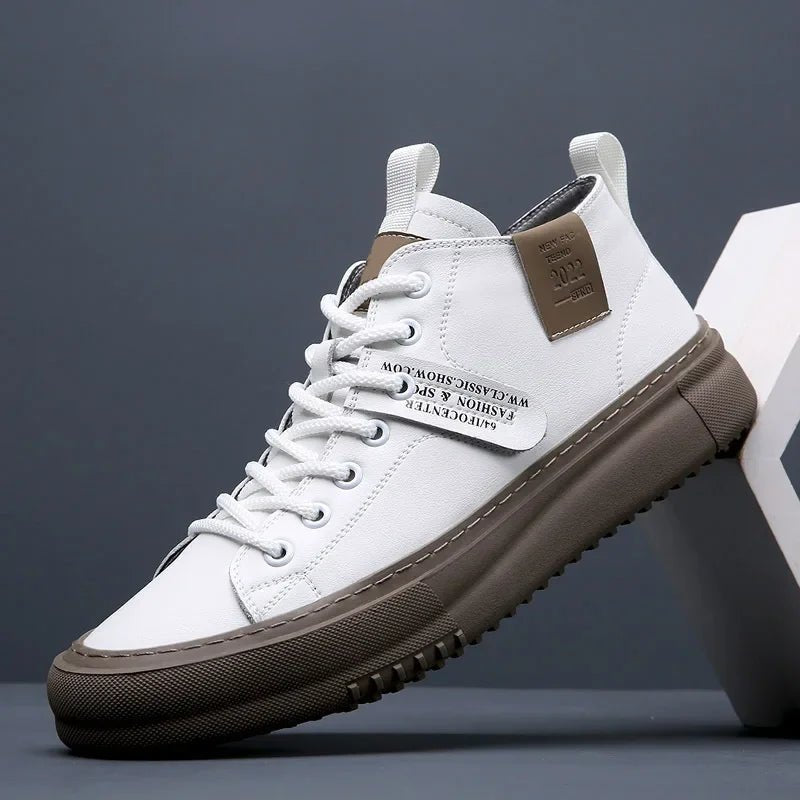 Men's Leather Sneakers Lace-Up Casual High-Top - White