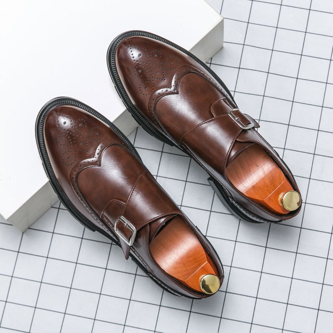 Men's Leather Wingtip Monk Strap Brogue Dress Shoes - Brown