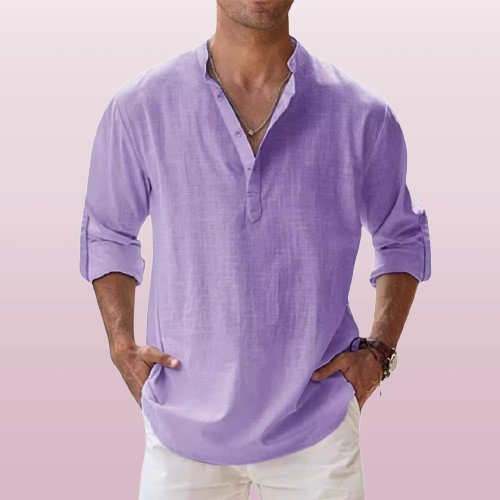 Men's Linen Long Sleeve Grandad Collar Shirt - Purple