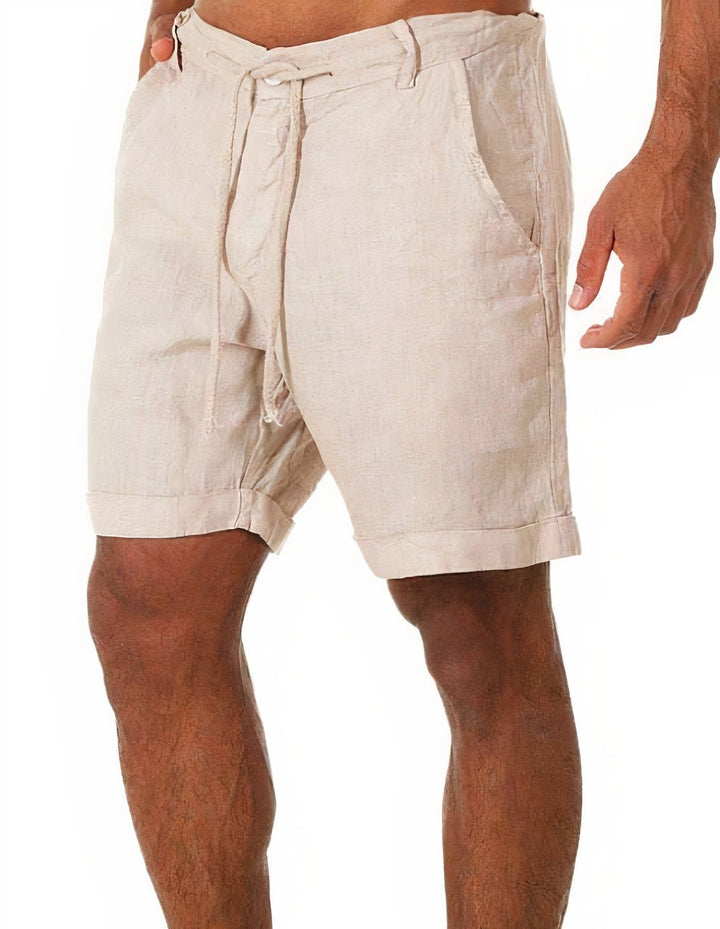 Men's Linen Shorts Cuffed Drawstring Mid Length Summer - Beige