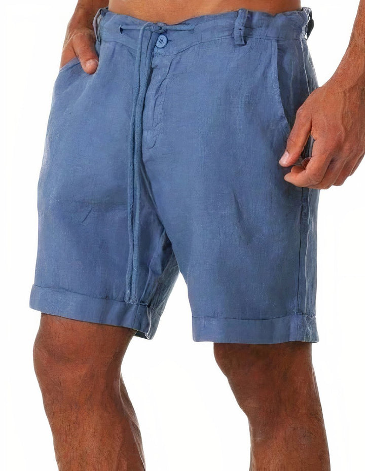 Men's Linen Shorts Cuffed Drawstring Mid Length Summer - Blue