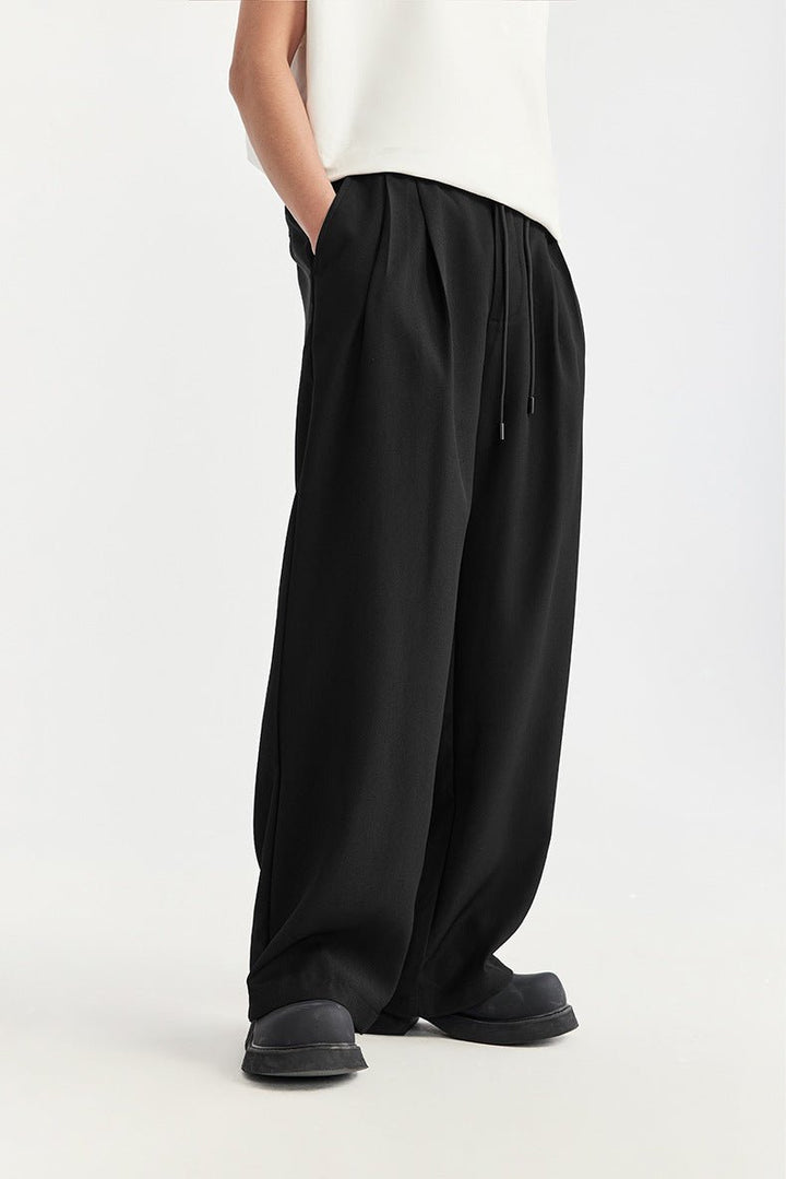 Men's Linen Wide Leg Drawstring Pants Pleated Relaxed Fit - Black