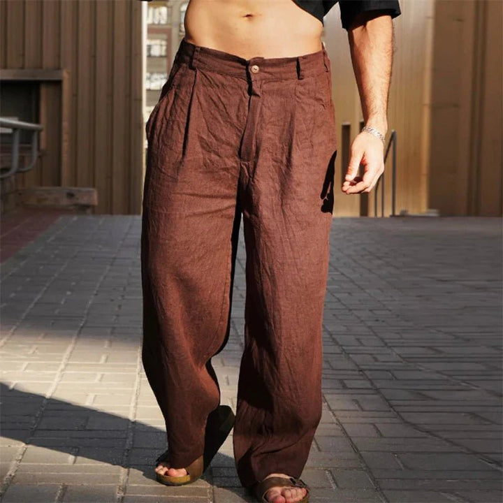 Men's Linen Wide-Leg Pants Pleated Relaxed Fit Summer - Dark Brown